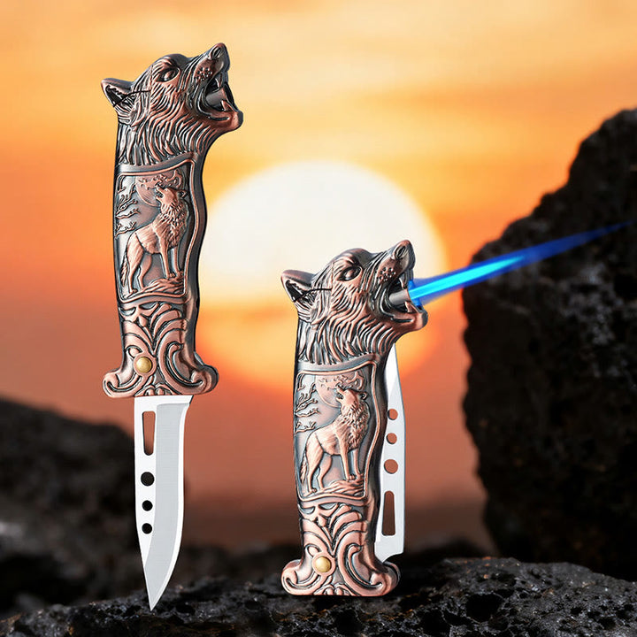 2-in-1 Wolf Head Folding Knife Butane Lighter - Red - image 1