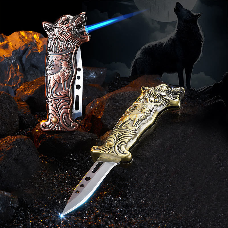 2-in-1 Wolf Head Folding Knife Butane Lighter - image 0