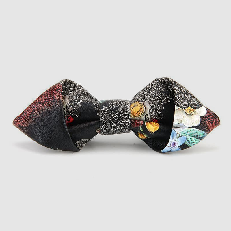 Floral & Ornate Pattern Accents Pointed Leather Bow Tie - Style #1 - image 0