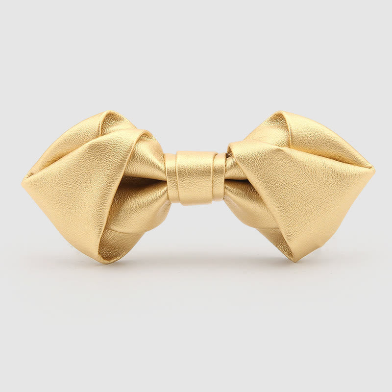 Lustrous Party Solid Color Leather Bow Tie - Gold Pointed - image 0