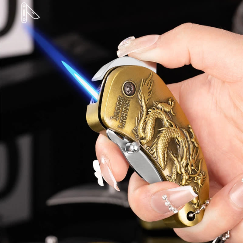 Metal Relief Dragon Folding Knife Butane Lighter - image 0