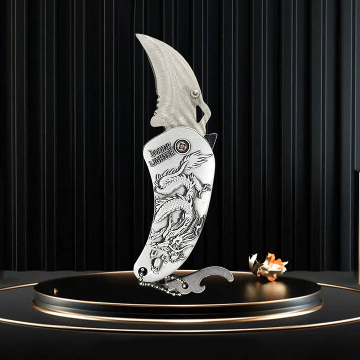 Metal Relief Dragon Folding Knife Butane Lighter - Dragon Silver - image 2