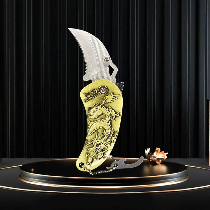 Metal Relief Dragon Folding Knife Butane Lighter - Dragon Bronze - image 1