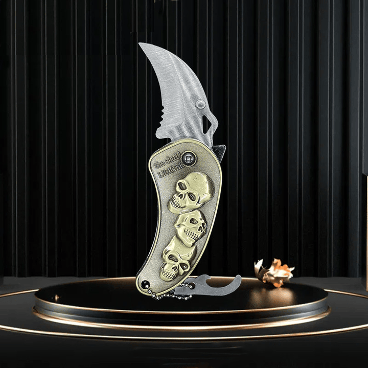 Metal Relief Dragon Folding Knife Butane Lighter - Skull - image 3