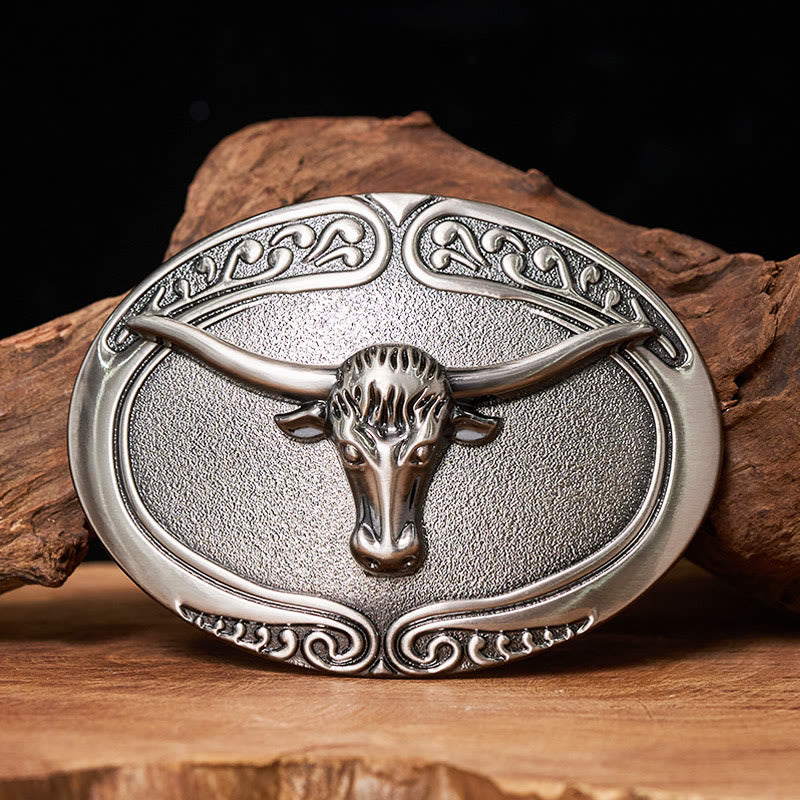 Men's Silver Bull Head Carved Buckle Leather Belt - Without Belt - Not Included Belt - image 0