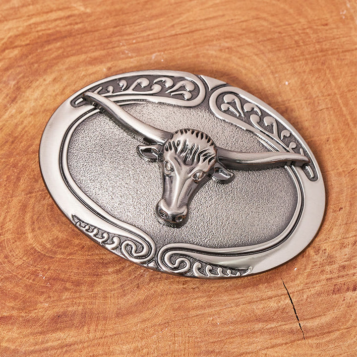 Men's Silver Bull Head Carved Buckle Leather Belt - image 1