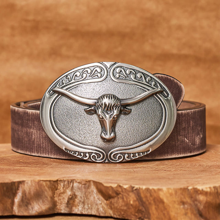 Men's Silver Bull Head Carved Buckle Leather Belt - Brown Distressed Belt - 42 - image 5