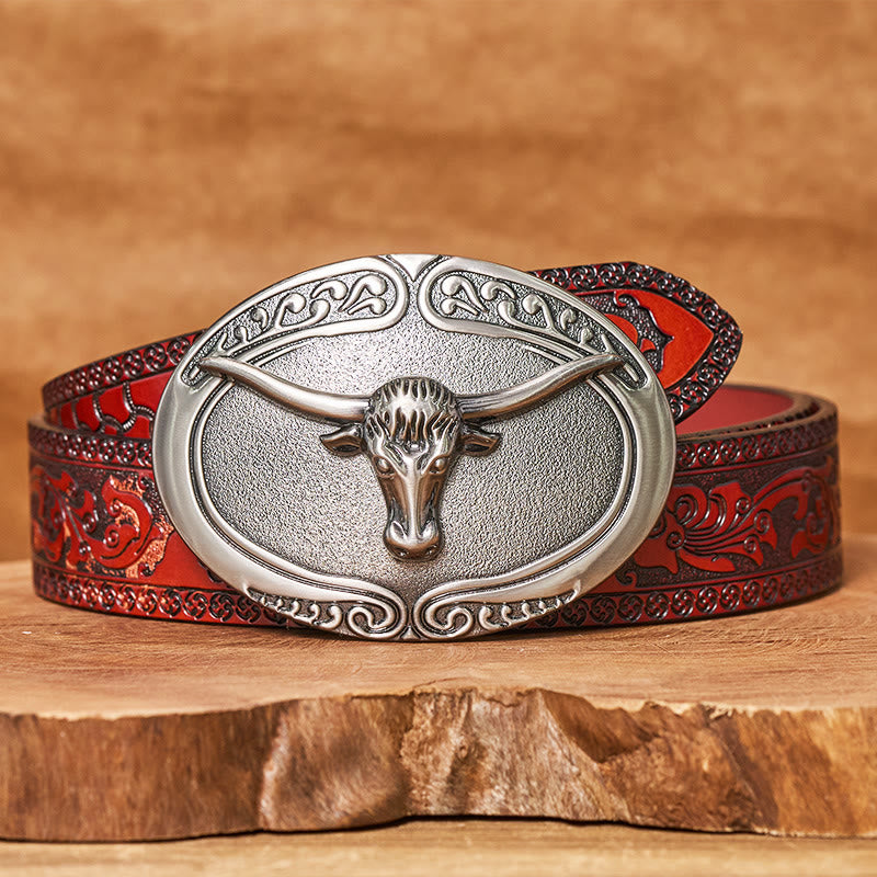 Men's Silver Bull Head Carved Buckle Leather Belt - Brown Carved Belt - 42 - image 6