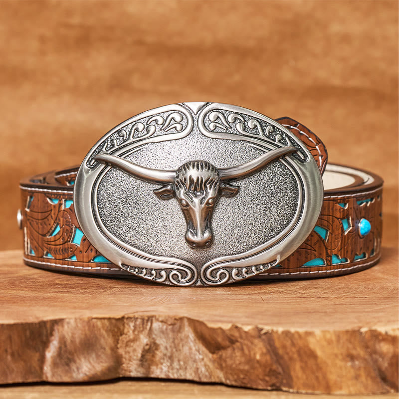 Men's Silver Bull Head Carved Buckle Leather Belt - Turquoise Carved Belt - 42 - image 3