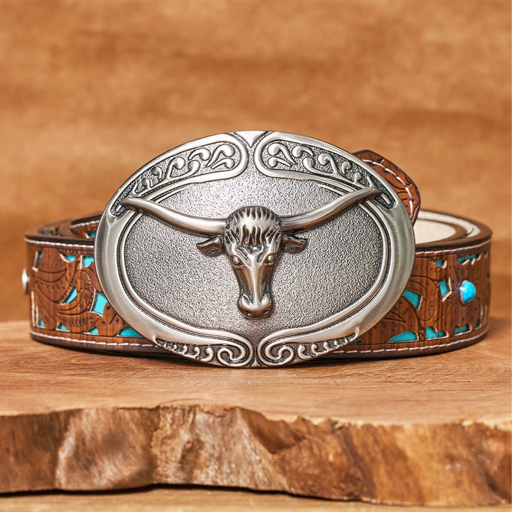 Men's Silver Bull Head Carved Buckle Leather Belt - Turquoise Carved Belt - 42 - image 3