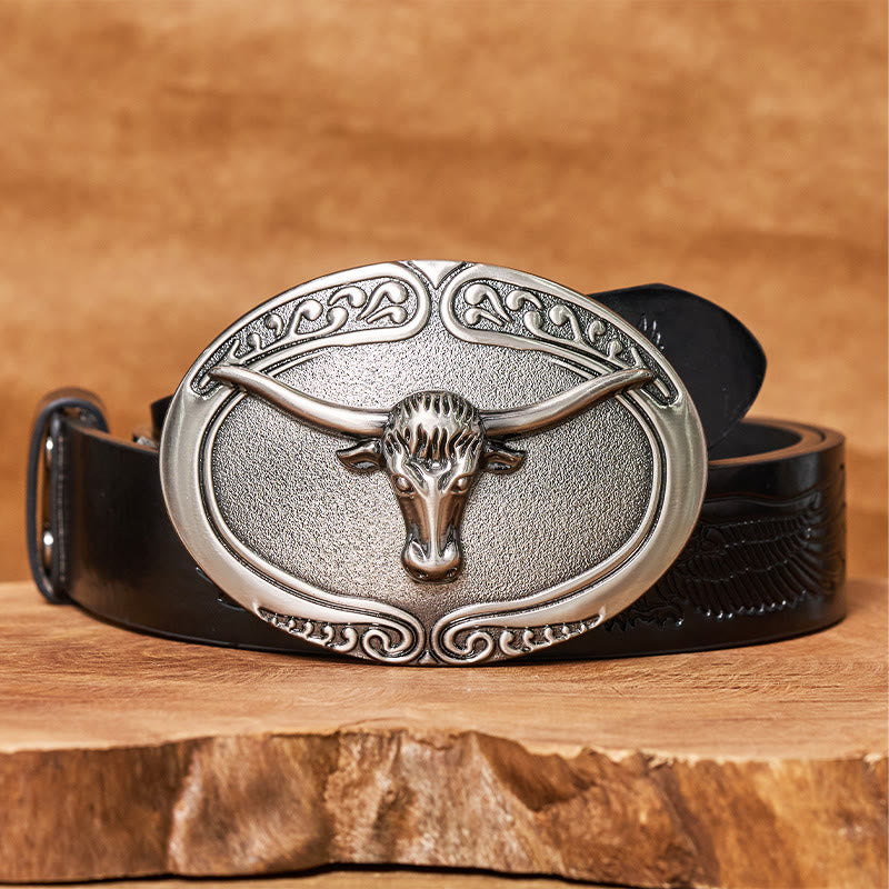 Men's Silver Bull Head Carved Buckle Leather Belt - Black Embossed Eagle Belt - 42 - image 2