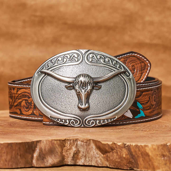 Men's Silver Bull Head Carved Buckle Leather Belt - Brown Feather Belt - 40 - image 7