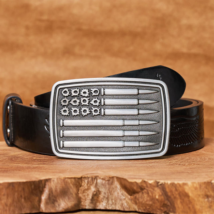 Men's Silver Bullet Rectangular Buckle Leather Belt - Black Embossed Eagle Belt - 42 - image 2