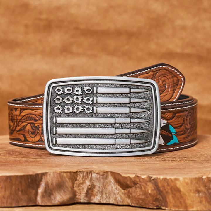 Men's Silver Bullet Rectangular Buckle Leather Belt - Brown Feather Belt - 40 - image 7