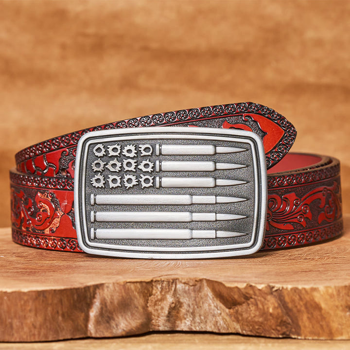 Men's Silver Bullet Rectangular Buckle Leather Belt - Brown Carved Belt - 42 - image 6