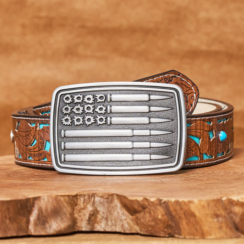 Men's Silver Bullet Rectangular Buckle Leather Belt - Turquoise Carved Belt - 42 - image 3
