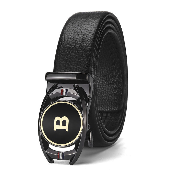 Men's Golden Letter B Automatic Buckle Black Leather Belt - Style #1 - 42 - image 0