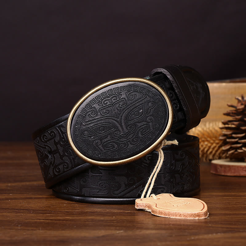 Men's Retro Totem Carving Oval Buckle Leather Belt - image 5