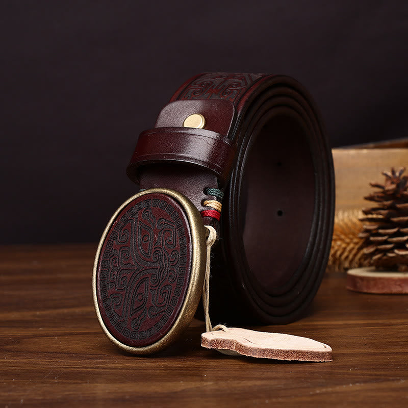 Men's Retro Totem Carving Oval Buckle Leather Belt - image 1