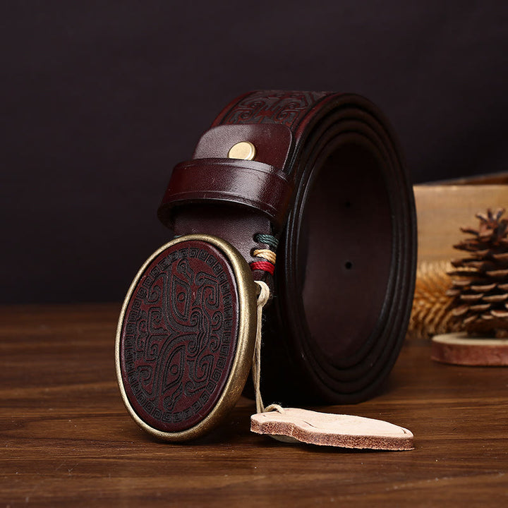 Men's Retro Totem Carving Oval Buckle Leather Belt - image 1