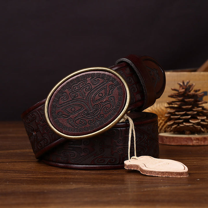 Men's Retro Totem Carving Oval Buckle Leather Belt - image 2