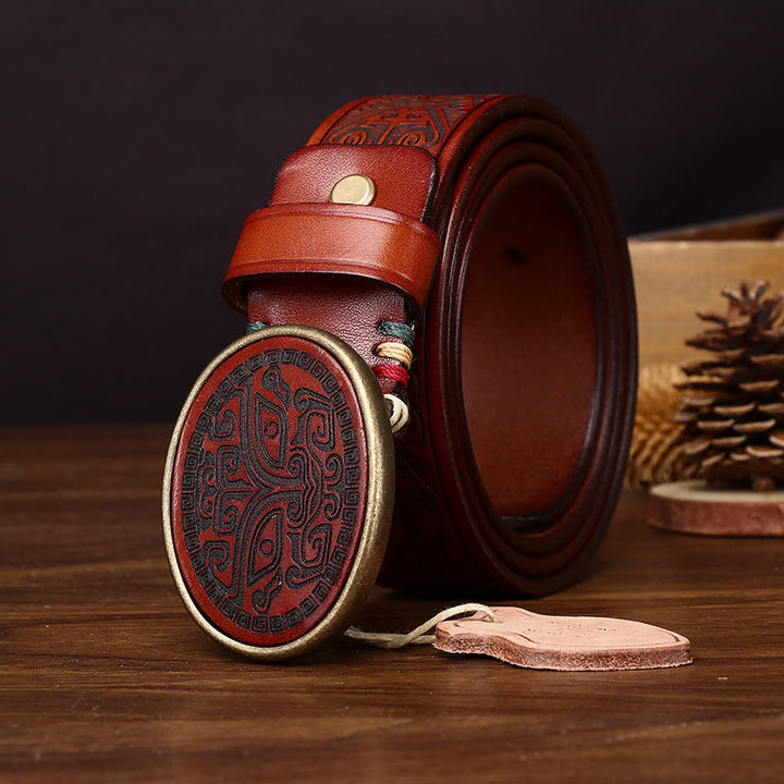 Men's Retro Totem Carving Oval Buckle Leather Belt - image 7