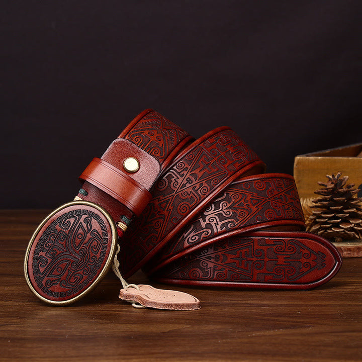 Men's Retro Totem Carving Oval Buckle Leather Belt - Khaki - 44 - image 6