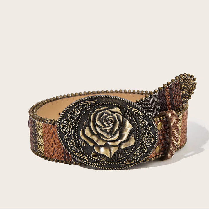Women's Retro Rose Buckle Rivet Leather Belt - Rose - 42 - image 0