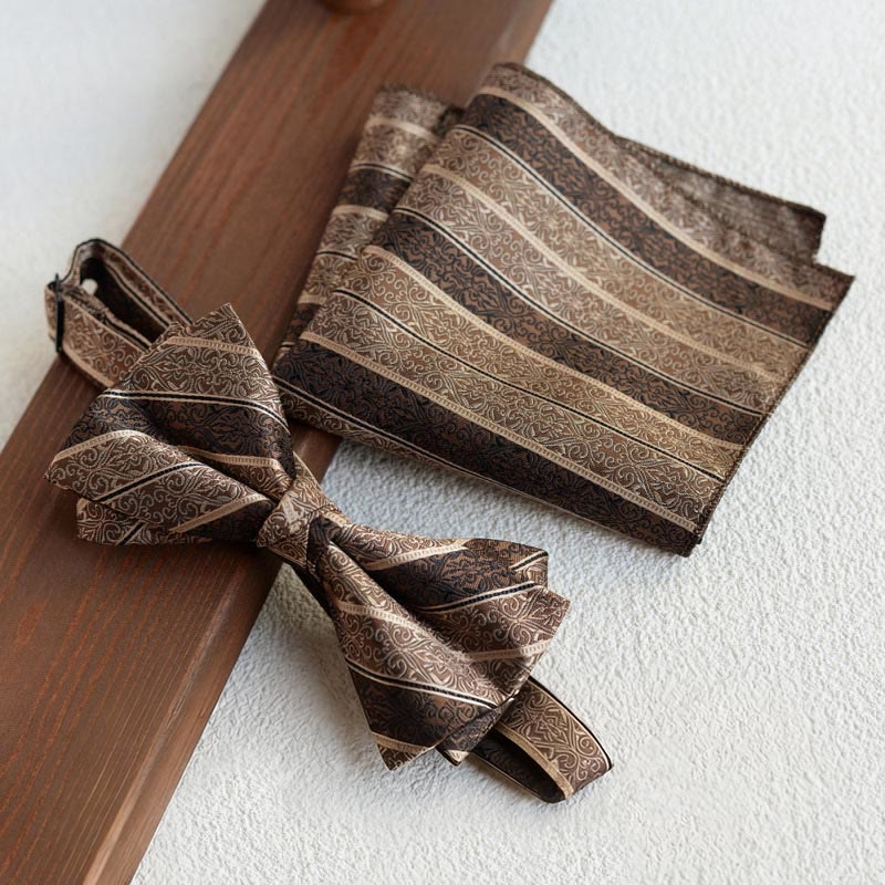5Pcs Men's Retro Brown Diagonal Print Necktie Set - Bowtie + Pocket Square - image 4