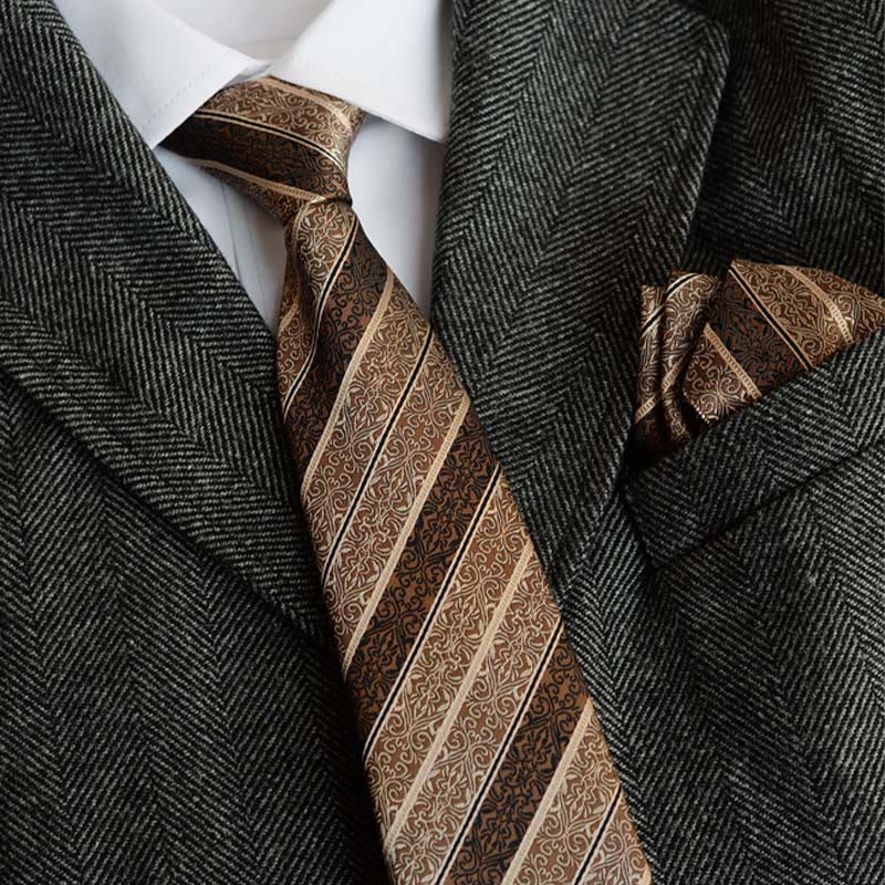 5Pcs Men's Retro Brown Diagonal Print Necktie Set - image 1