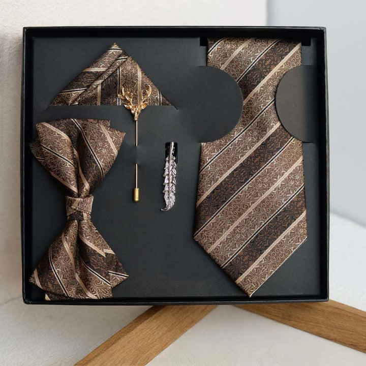 5Pcs Men's Retro Brown Diagonal Print Necktie Set - 5Pcs - image 0