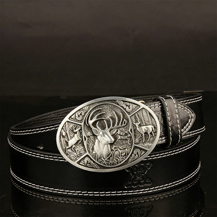 Men's Retro Deer Group Relief Buckle Leather Belt - Black - 44 - image 2