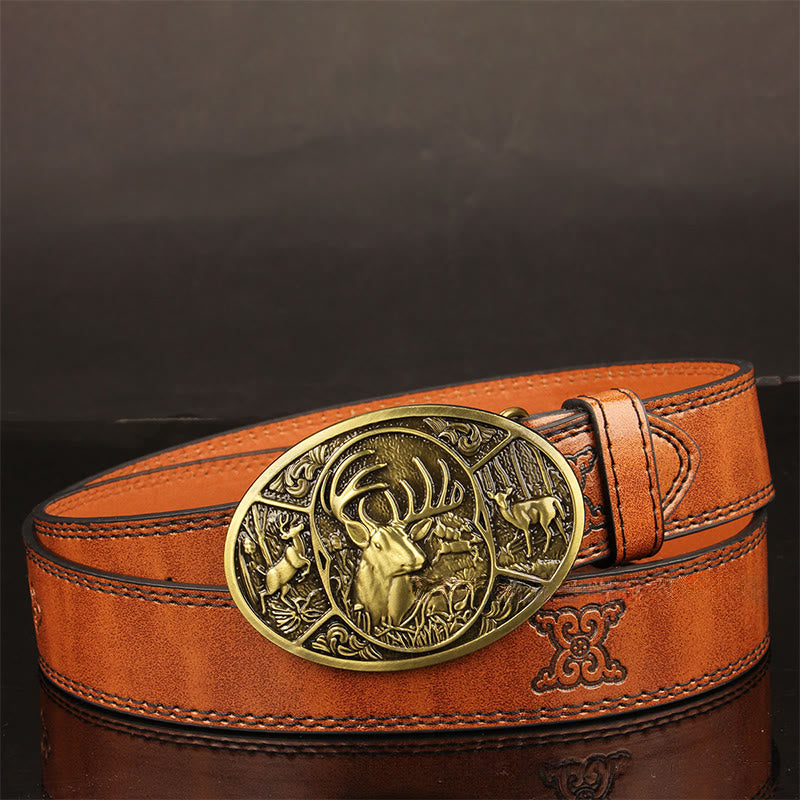 Men's Retro Deer Group Relief Buckle Leather Belt - Brown - 44 - image 0