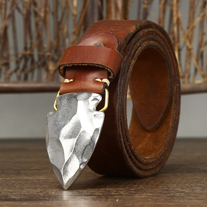 Men's Retro Distressed Silver Triangular Arrow Buckle Leather Belt - image 0
