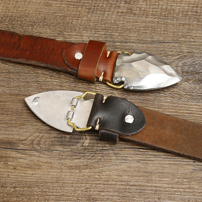 Men's Retro Distressed Silver Triangular Arrow Buckle Leather Belt - image 4