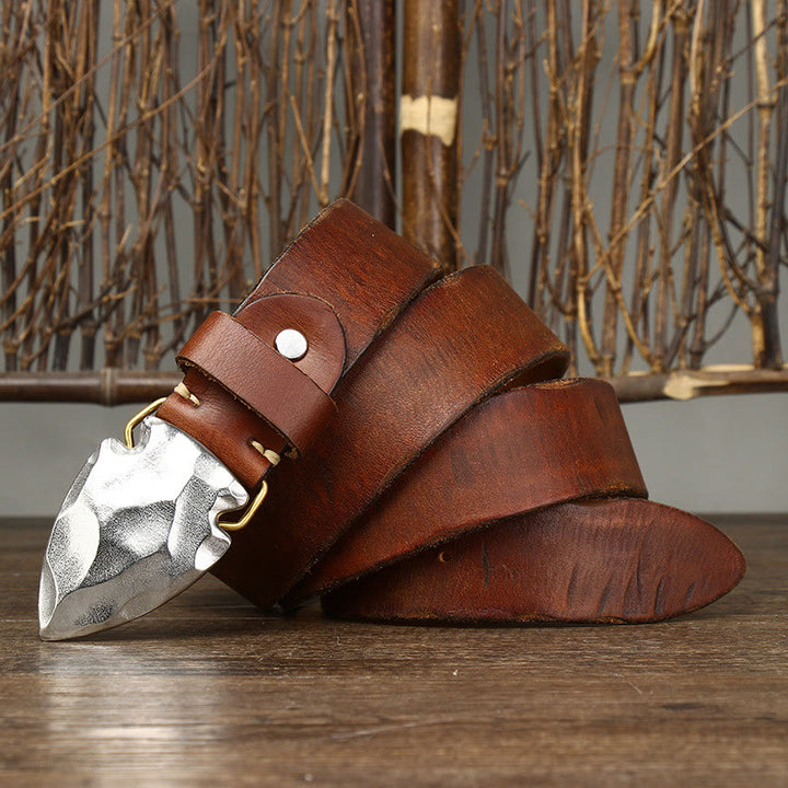 Men's Retro Distressed Silver Triangular Arrow Buckle Leather Belt - Khaki - 46 - image 1