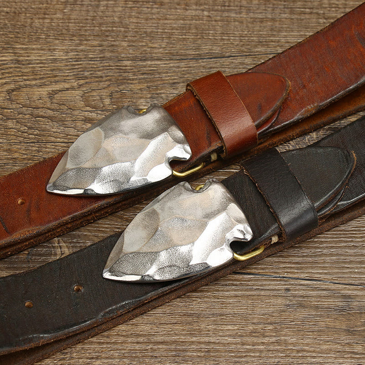 Men's Retro Distressed Silver Triangular Arrow Buckle Leather Belt - image 3