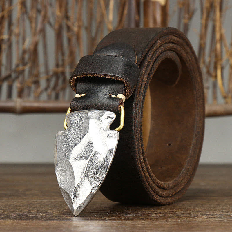 Men's Retro Distressed Silver Triangular Arrow Buckle Leather Belt - image 5