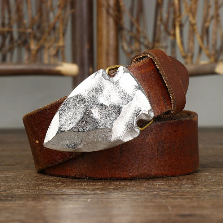 Men's Retro Distressed Silver Triangular Arrow Buckle Leather Belt - image 2