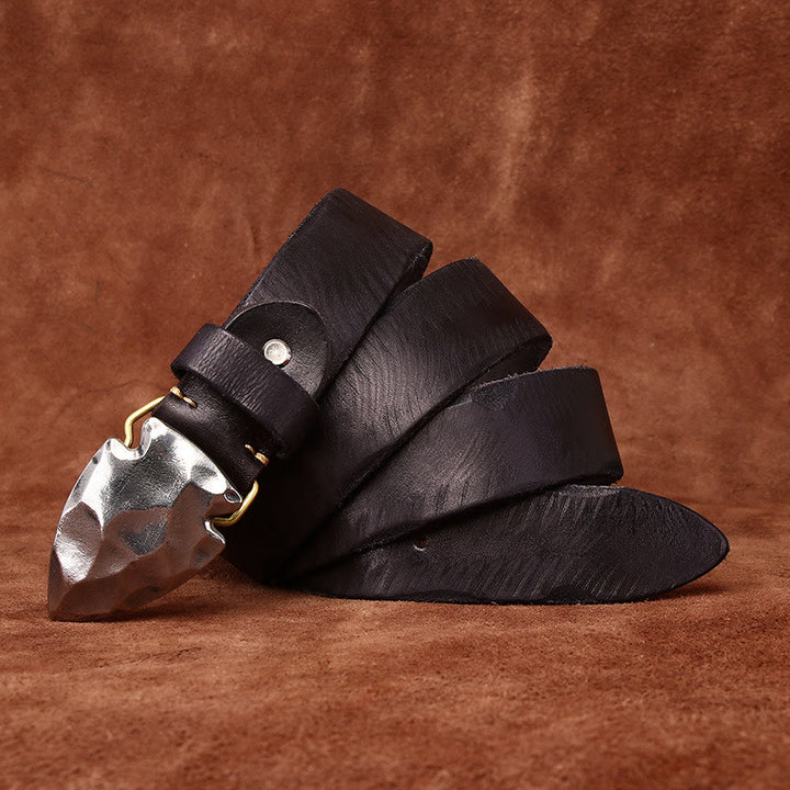 Men's Retro Distressed Silver Triangular Arrow Buckle Leather Belt - Black - 46 - image 8