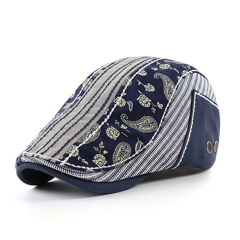 Vintage Paisley & Stripe Patchwork Flat Top Beret Hat - Navy - Adjustable (22"-23 5/8") - image 0