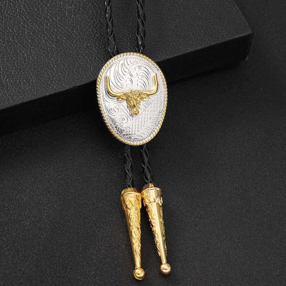 Western Retro Golden Bullhead Silver Plate Bolo Tie - image 1