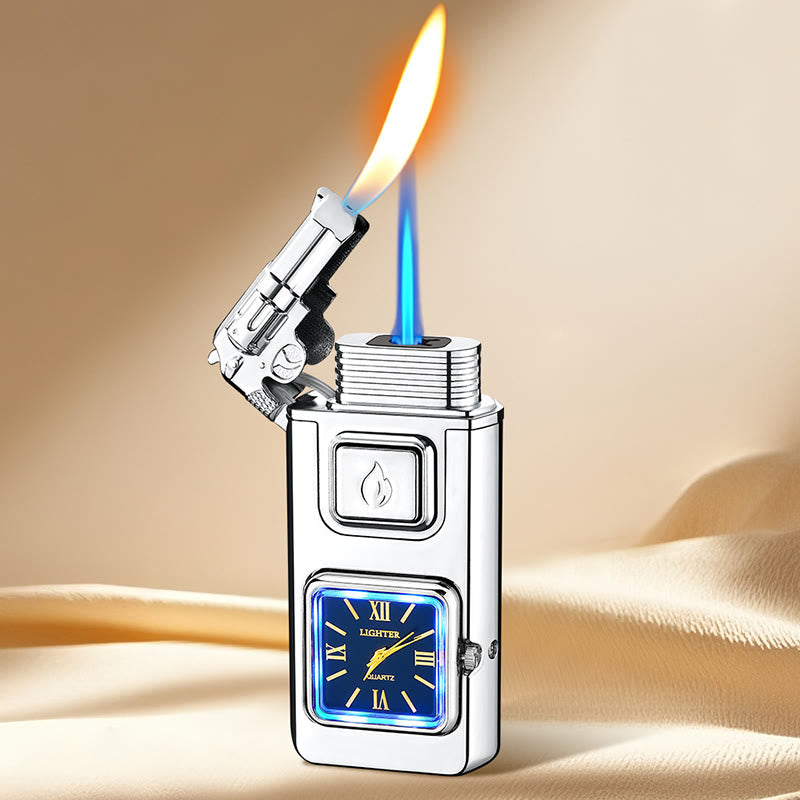 Gun-Shaped LED Inflatable Butane Lighter With Clock - Silver - image 10