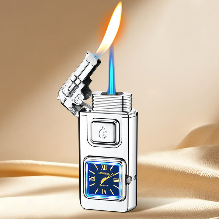 Gun-Shaped LED Inflatable Butane Lighter With Clock - Silver - image 10
