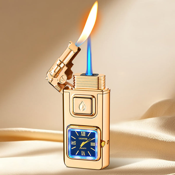 Gun-Shaped LED Inflatable Butane Lighter With Clock - Gold - image 8