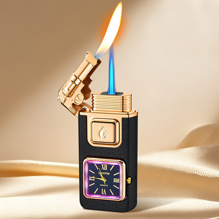 Gun-Shaped LED Inflatable Butane Lighter With Clock - Matte Black - image 0