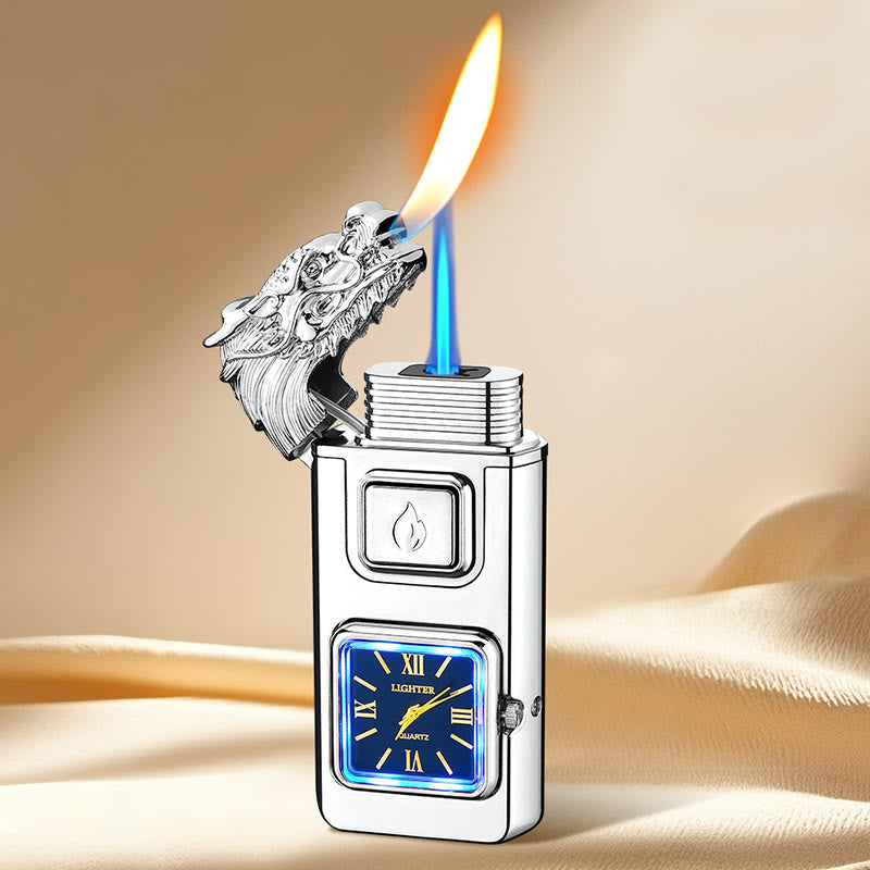 Dragon Head LED Inflatable Butane Lighter With Clock - Silver - image 0