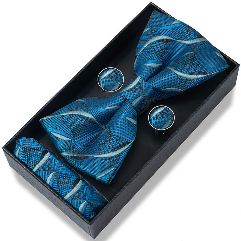 3Pcs Men's Textured Fabric Bow Tie Cufflink And Pocket Square Set - Style #46 - image 90
