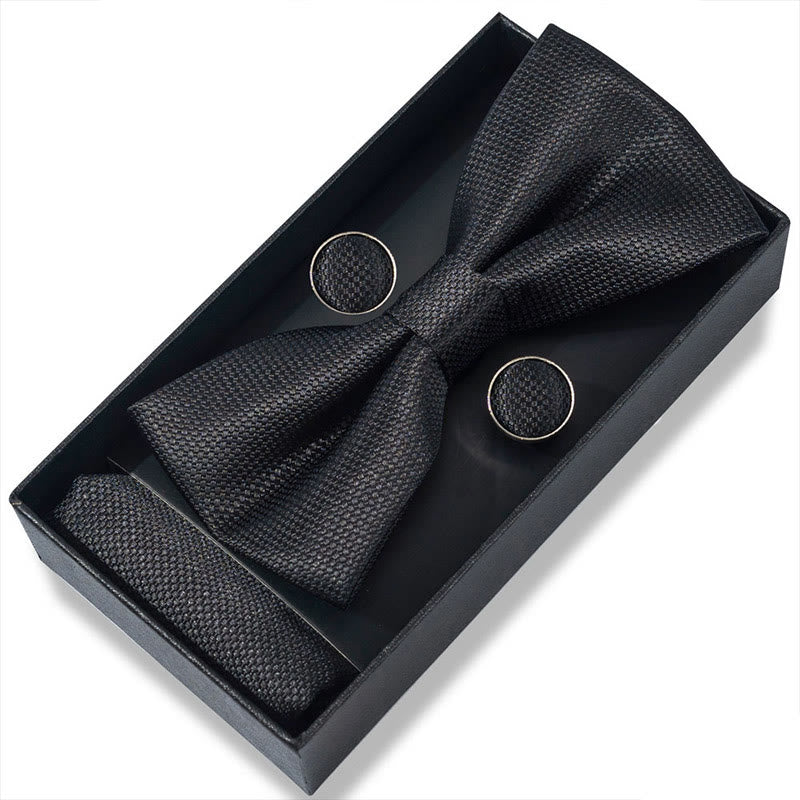 3Pcs Men's Textured Fabric Bow Tie Cufflink And Pocket Square Set - Style #3 - image 4