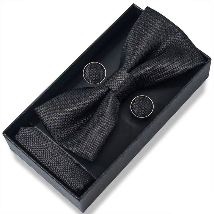 3Pcs Men's Textured Fabric Bow Tie Cufflink And Pocket Square Set - Style #3 - image 4